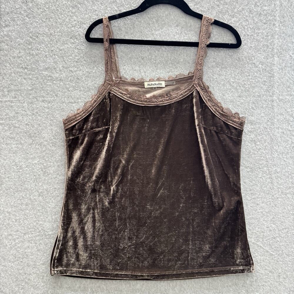Velvet & Lace Trim Camisole Top Sz M Brown Minimalist Quiet Luxury Romantic Boho